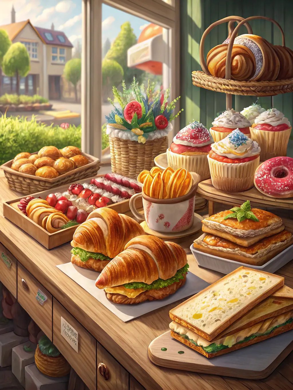 A vibrant display of fresh pastries and sandwiches on a rustic wooden table, highlighting the quality and variety of food options at Brooklyn Coffee House.