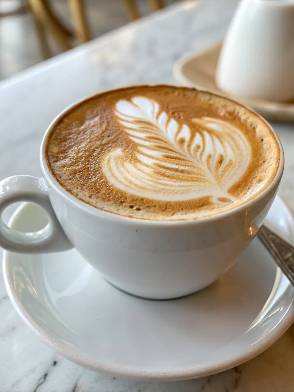 A close-up shot of a perfectly poured latte with intricate latte art, showcasing the skill and care put into each cup at Brooklyn Coffee House.