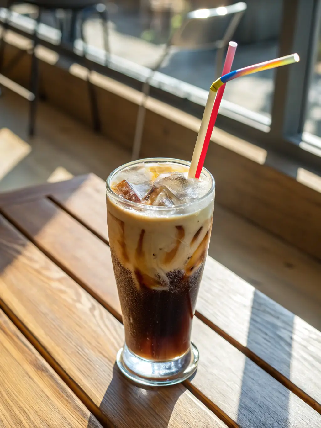 A refreshing iced coffee with a splash of almond milk, garnished with a sprig of mint, showcasing the variety of cold beverages available at Brooklyn Coffee House.