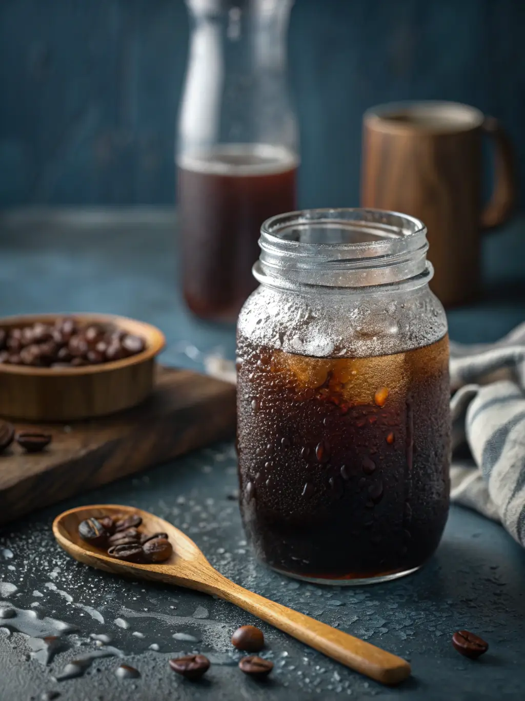 A cold brew coffee in a clear glass bottle with a minimalist label, placed on a counter with ice cubes and a lemon slice.