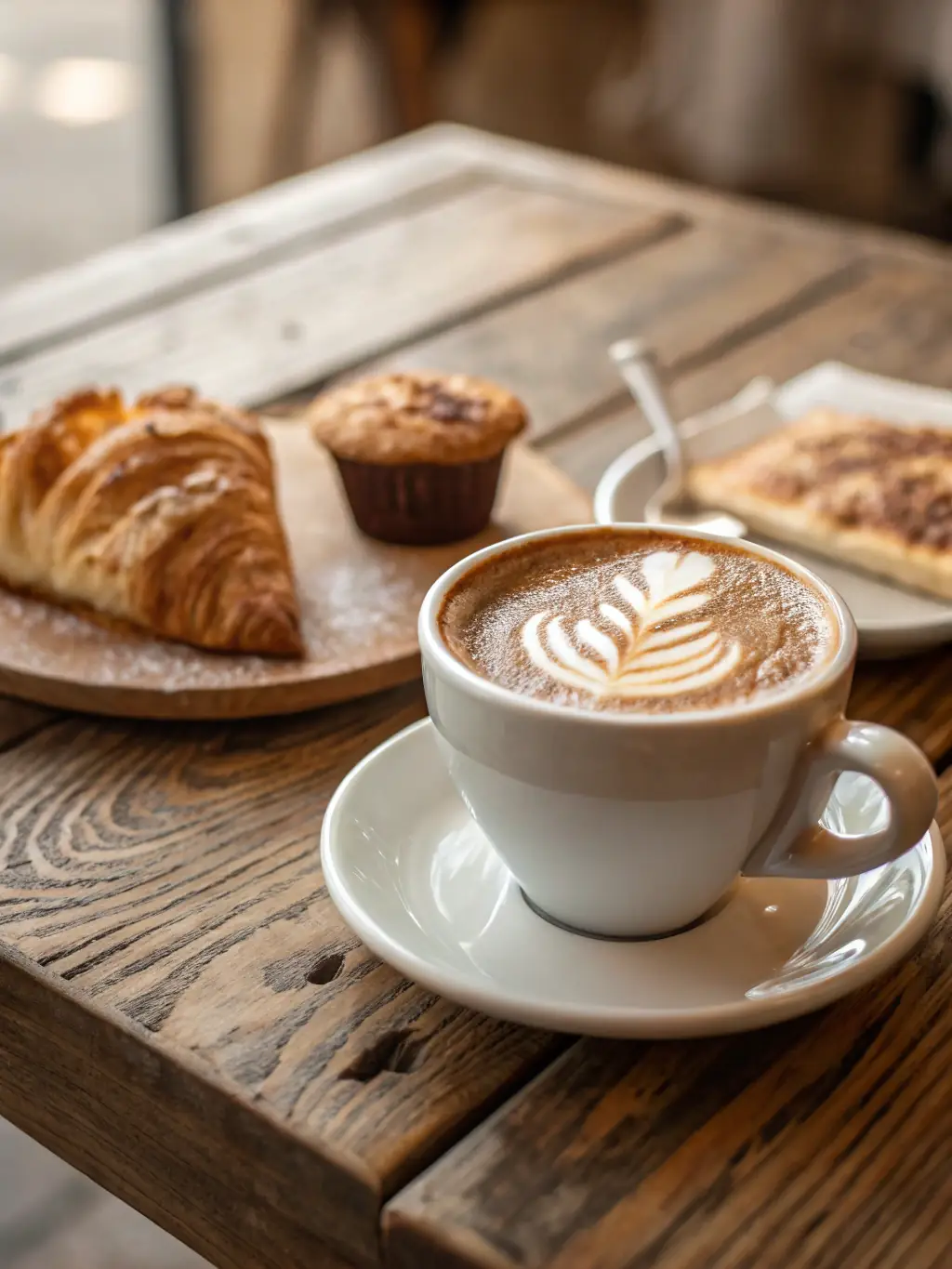 A close-up shot of a perfectly poured latte with latte art in a ceramic mug, placed on a wooden table with coffee beans scattered around it, in a warm, inviting setting.