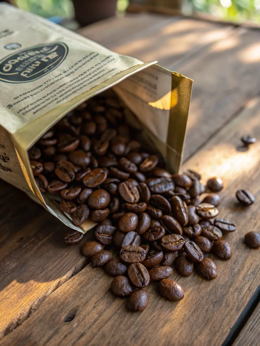 A bag of freshly roasted coffee beans with a Brooklyn Coffee House label, displayed on a rustic shelf with a scoop.